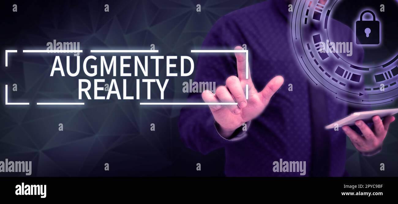 Didascalia di testo che presenta realtà aumentata. Tecnologia fotografica concettuale che impone l'immagine del computer al mondo reale Foto Stock