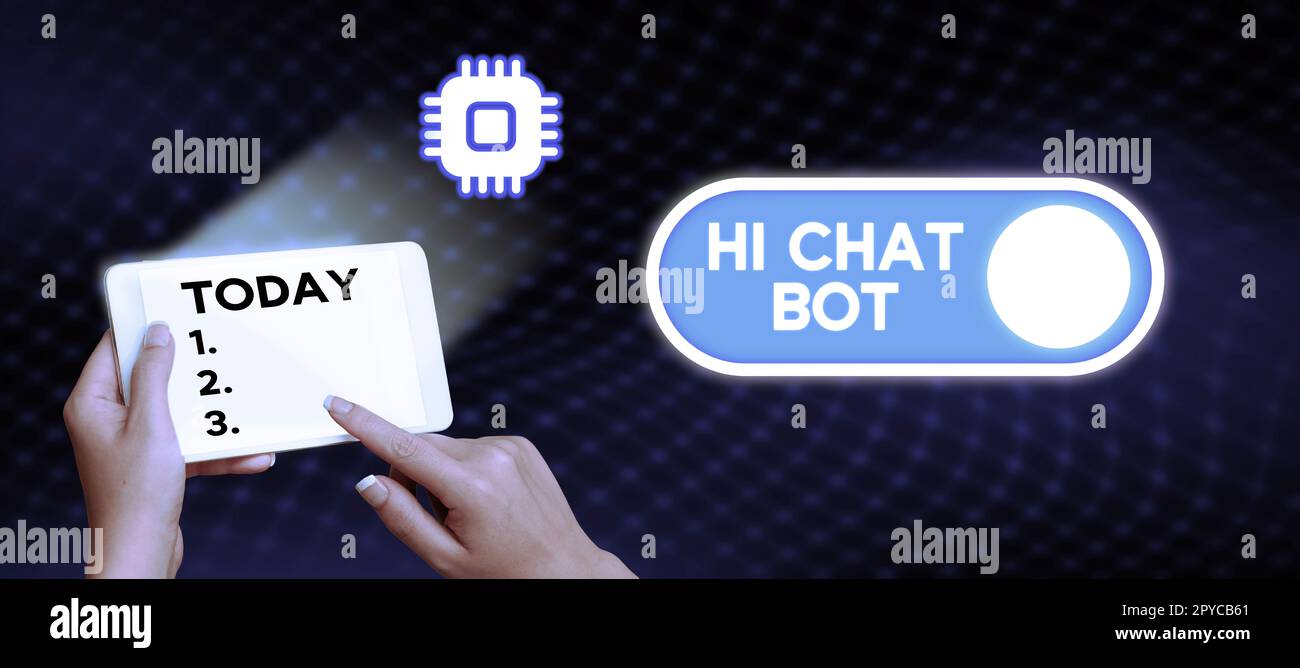 Visualizzazione concettuale Hi Chat Bot. Concetto che significa saluto alla macchina robot che risponde a un messaggio inviato Foto Stock