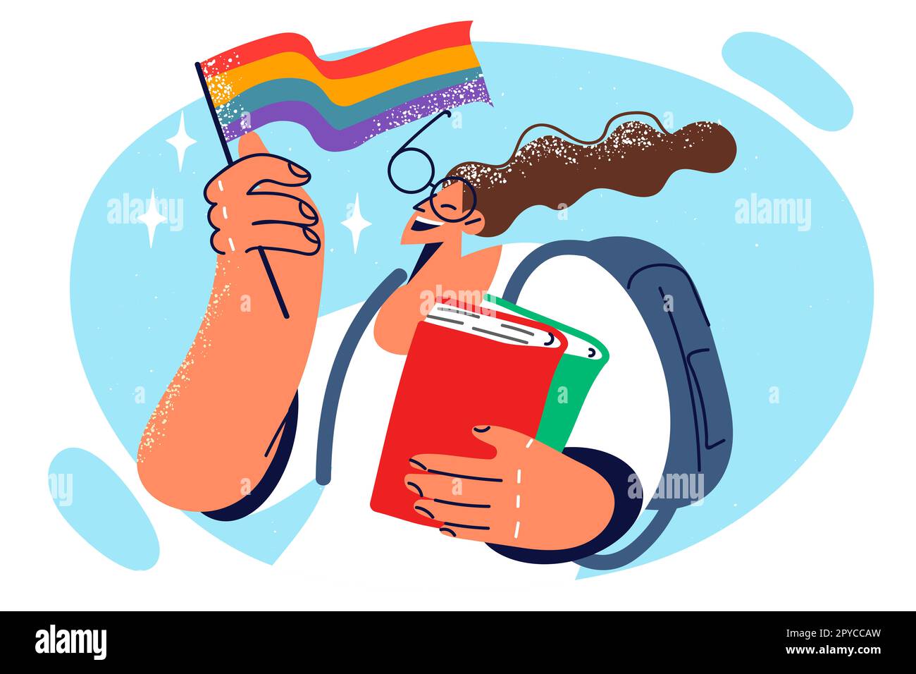 Donna con zaino e libri di testo tiene bandiera LGBT che sostiene la tolleranza e i diritti transgender. Ragazza partecipa alla parata o dimostrazione di LGBT f Foto Stock