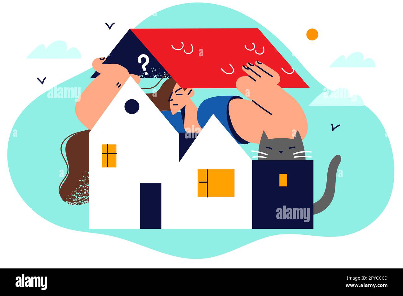 La donna perplessa guarda fuori dalla casa in miniatura con il tetto sollevato sopra la testa, si alza accanto al gatto e guarda in lontananza. Concetto di acquisto e di spostamento in s Foto Stock