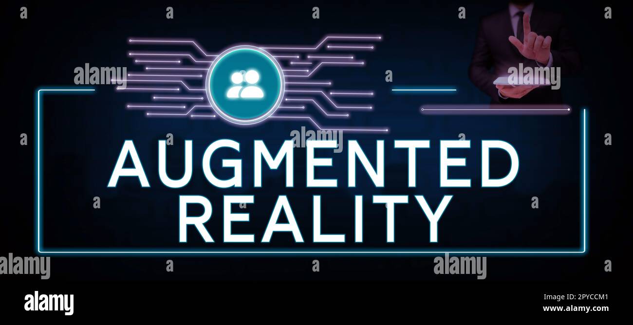 Scrittura a mano segno Augmented Reality. Tecnologia fotografica concettuale che impone l'immagine del computer al mondo reale Foto Stock