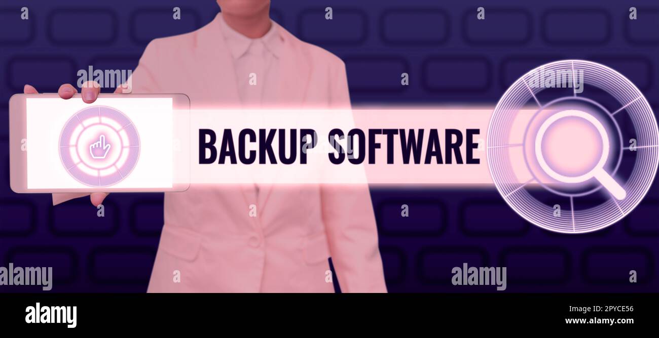 Software di backup concettuale per la visualizzazione. Concetto di Internet creare copie extra esatte di file o interi computer Foto Stock