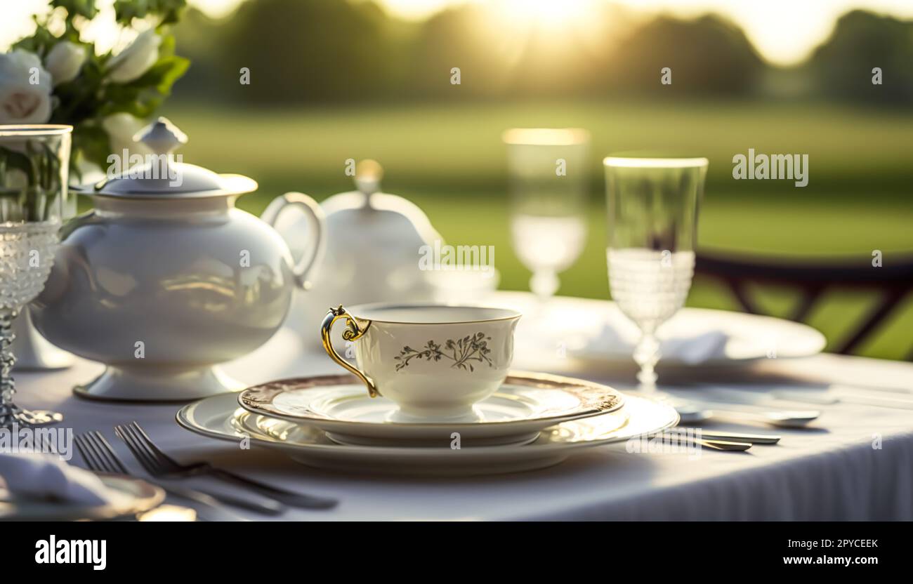 Stoviglie di lusso in porcellana allestite per il tradizionale tè inglese e  la prima colazione, servite all'aperto con il paesaggio soleggiato del  mattino sullo sfondo. Generativo ai Foto stock - Alamy