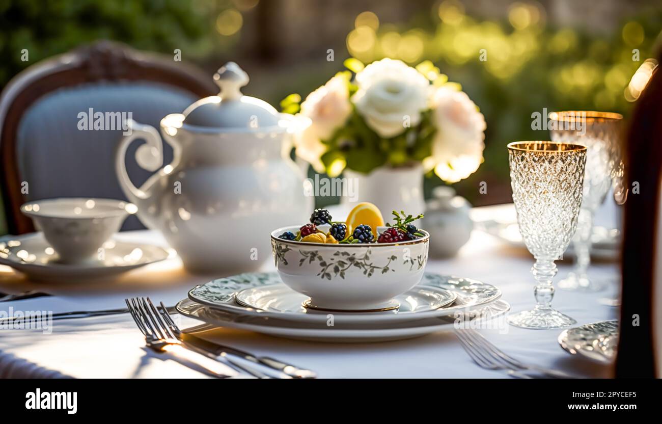 Stoviglie di lusso in porcellana allestite per il tradizionale tè inglese e  la prima colazione, servite all'aperto con il paesaggio soleggiato del  mattino sullo sfondo. Generativo ai Foto stock - Alamy