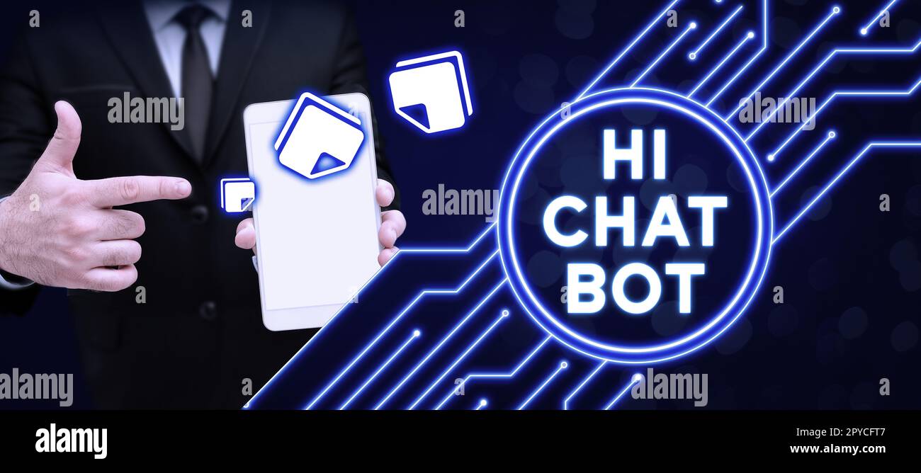 Ispirazione che mostra il segno Ciao Chat Bot. Approccio aziendale saluto alla macchina robotica che risponde a un messaggio inviato Foto Stock