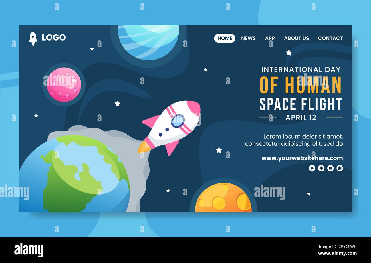 International Human Space Flight Day Social Media Landing Page Cartoon modello disegnato a mano sfondo Illustrazione Foto Stock