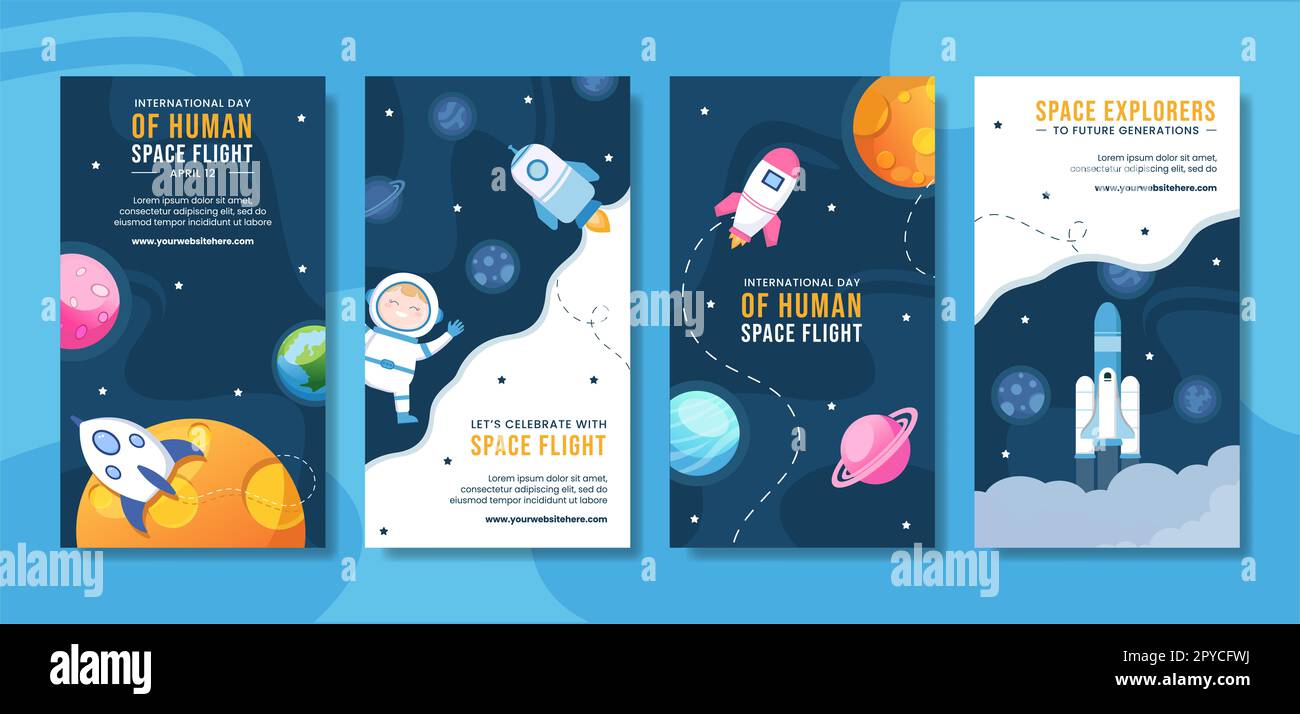 International Human Space Flight Day Social Media Stories Cartoon Hand Drawed Templates background Illustration Foto Stock