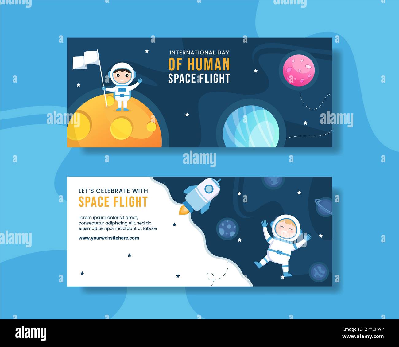 International Human Space Flight Day Banner orizzontale Cartoon modelli disegnati a mano sfondo Illustrazione Foto Stock