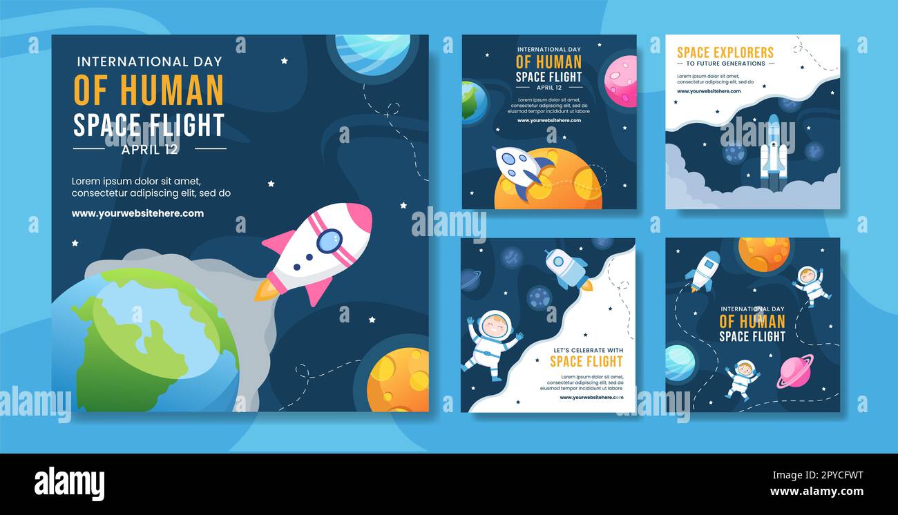 International Human Space Flight Day Social Media Post Flat Cartoon modelli disegnati a mano Illustrazione Foto Stock