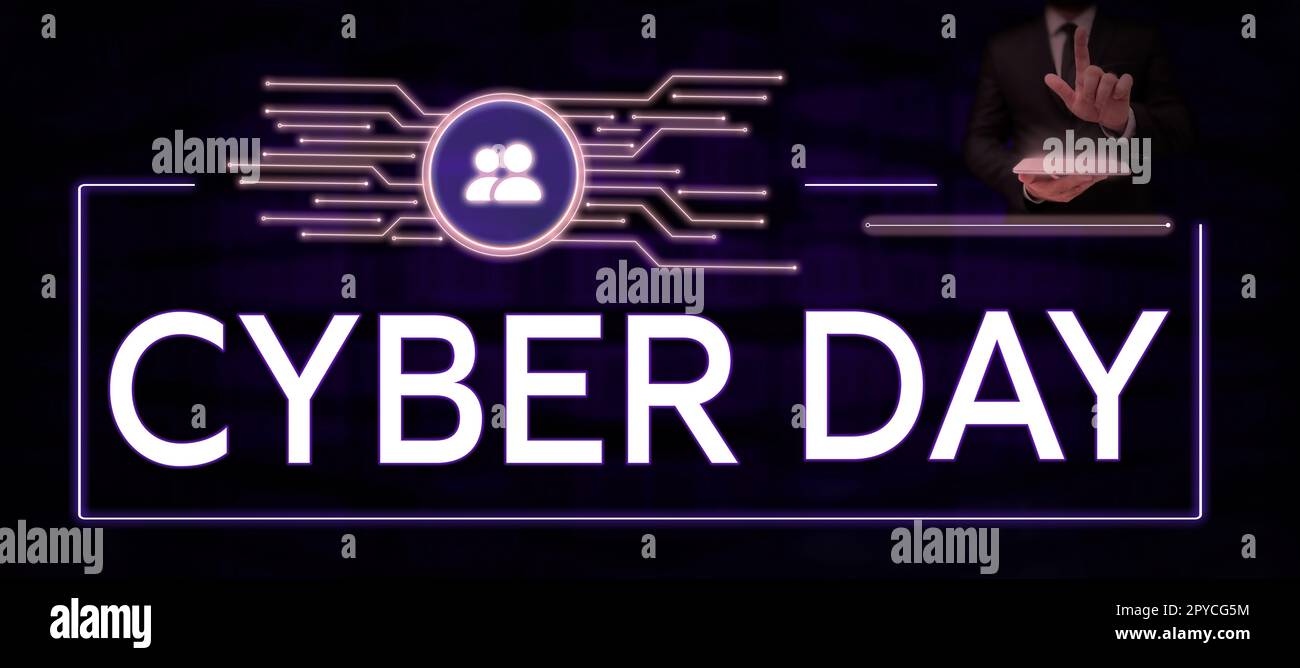 Ispirazione che mostra il segno Cyber Day. Termine di marketing per vetrina aziendale per il lunedì successivo al giorno del Ringraziamento negli Stati Uniti Foto Stock