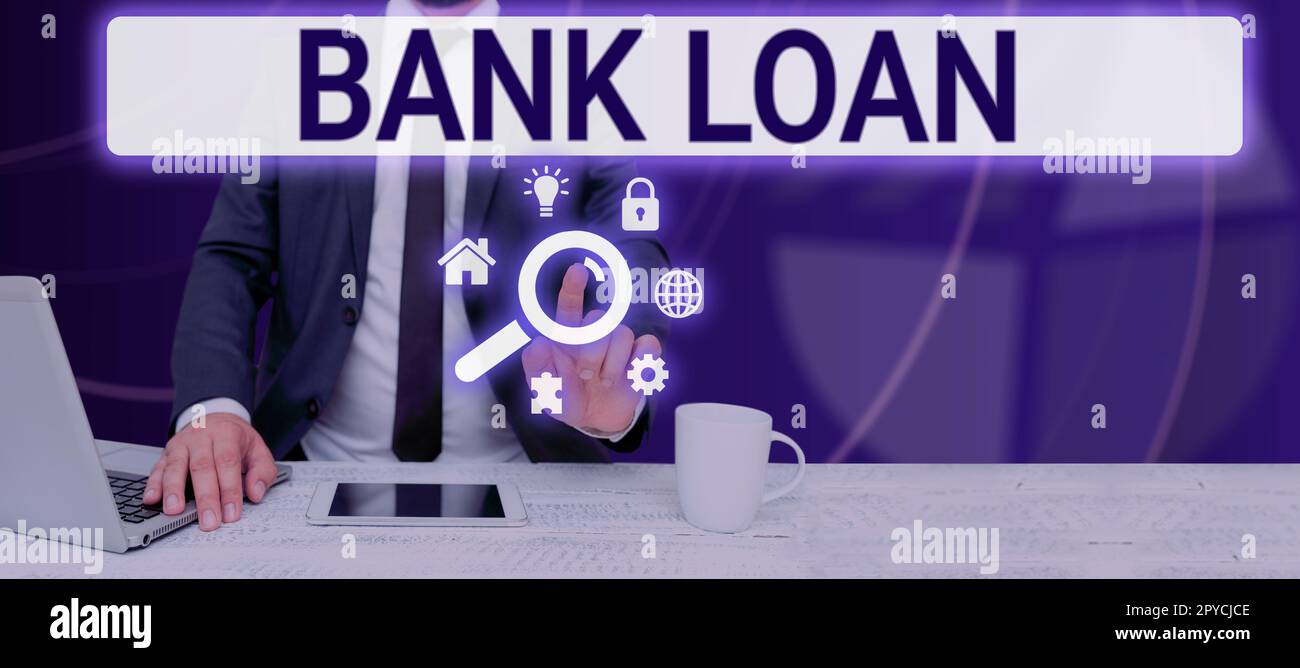 Segno che mostra prestito bancario. Panoramica aziendale un importo di denaro prestato a interessi da una banca a un mutuatario Foto Stock