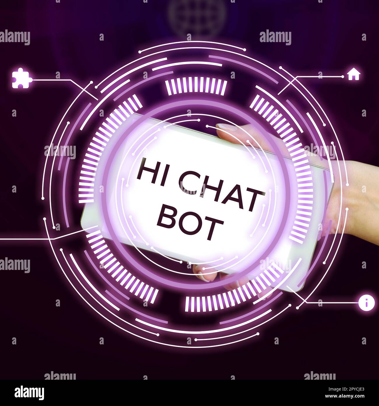 Testo che mostra ispirazione Ciao Chat Bot. Idea di business saluto alla macchina robot che risponde a un messaggio inviato Foto Stock