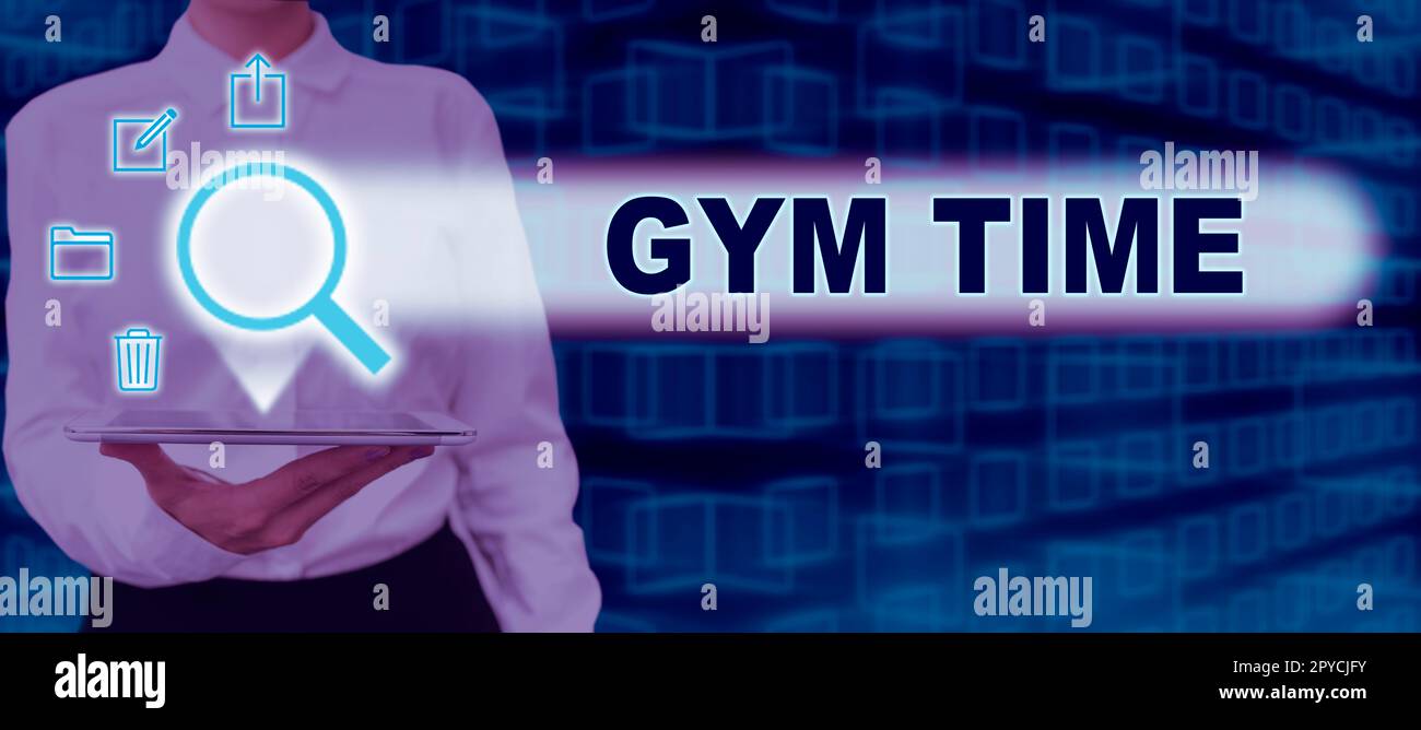 Ispirazione che mostra il segno Gym Time. Approccio aziendale una motivazione per iniziare a lavorare fuori facendo esercizi di fitness Foto Stock