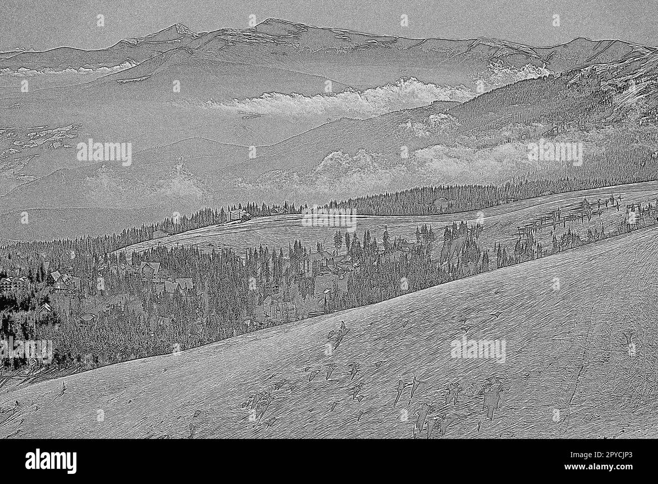 Stazione sciistica di montagna carpazi con incisione di uno schizzo disegnato a mano Foto Stock