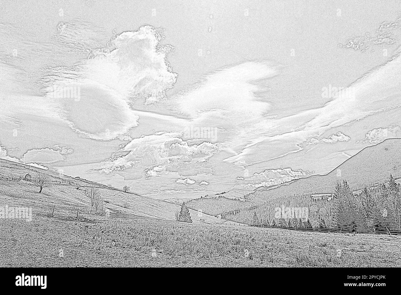 Colline di erba secca con alberi di abete rosso incisi disegno disegnato a mano Foto Stock