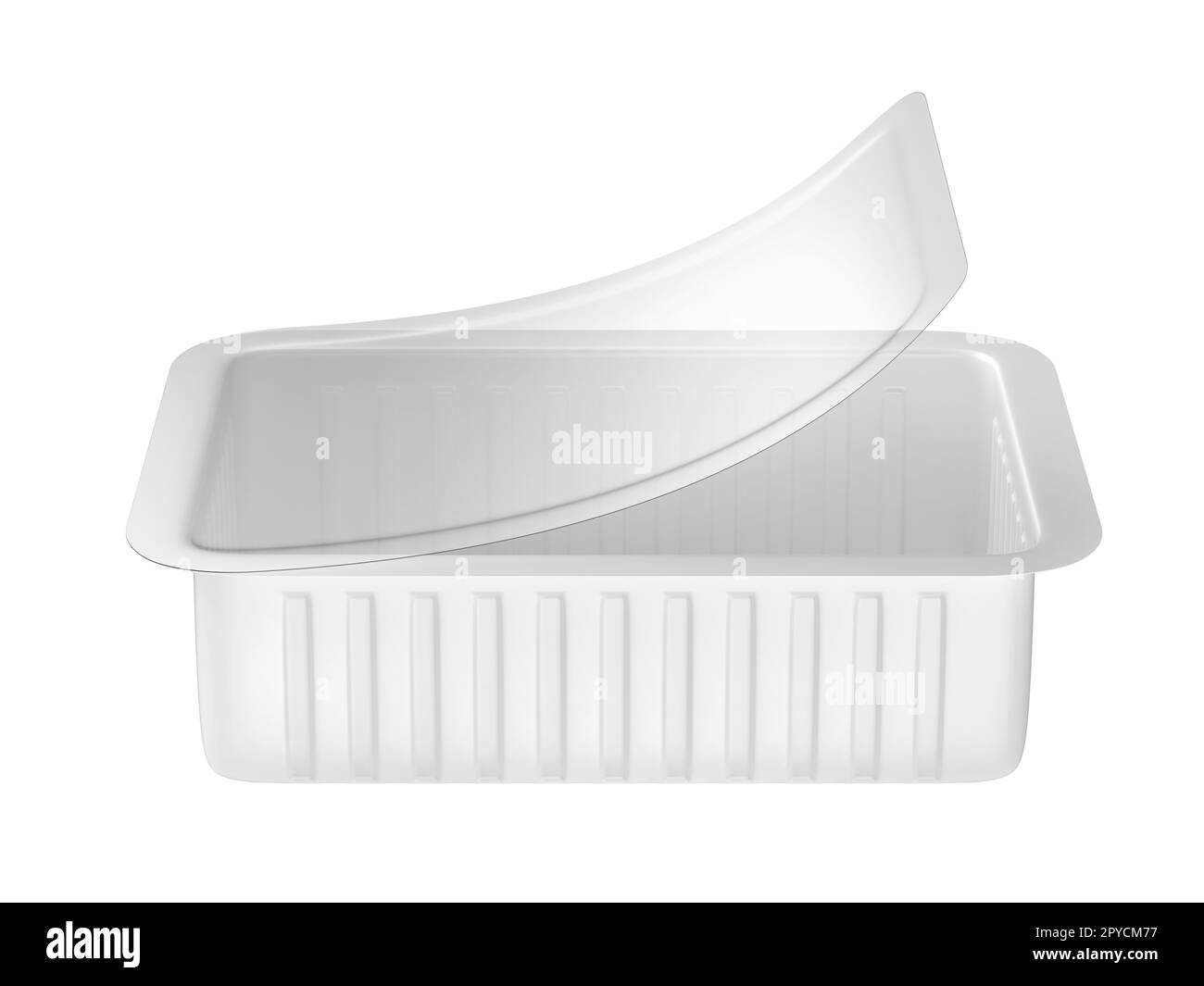 Contenitore aperto in plastica per vari tipi di alimenti, isolato su sfondo bianco Foto Stock