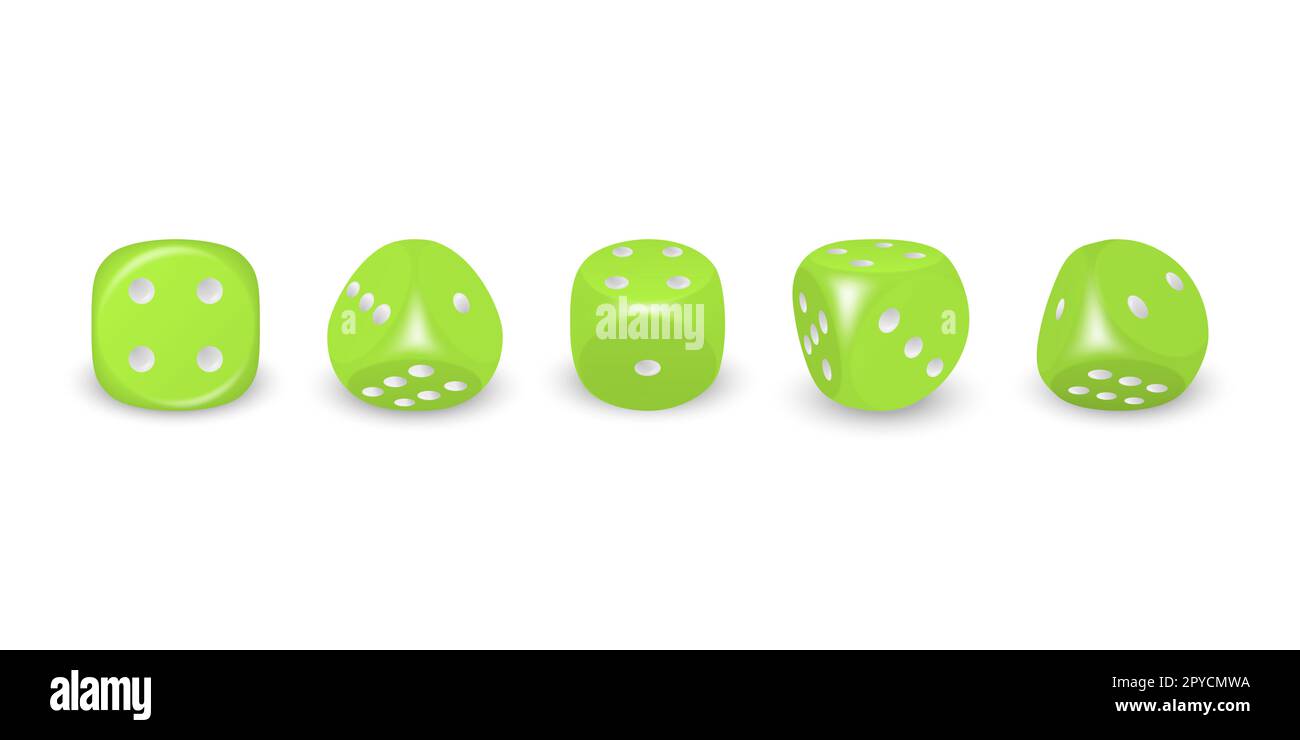 Vector 3D realistico gioco verde dadi con punti bianchi icone Set closeup isolato su sfondo bianco. Cubi di gioco per giocare in diverse posizioni, CAS Foto Stock Vector 3D realistico gioco verde dadi con punti bianchi icone Set closeup isolato su sfondo bianco. Cubi di gioco per giocare in diverse posizioni, CAS Foto Stock