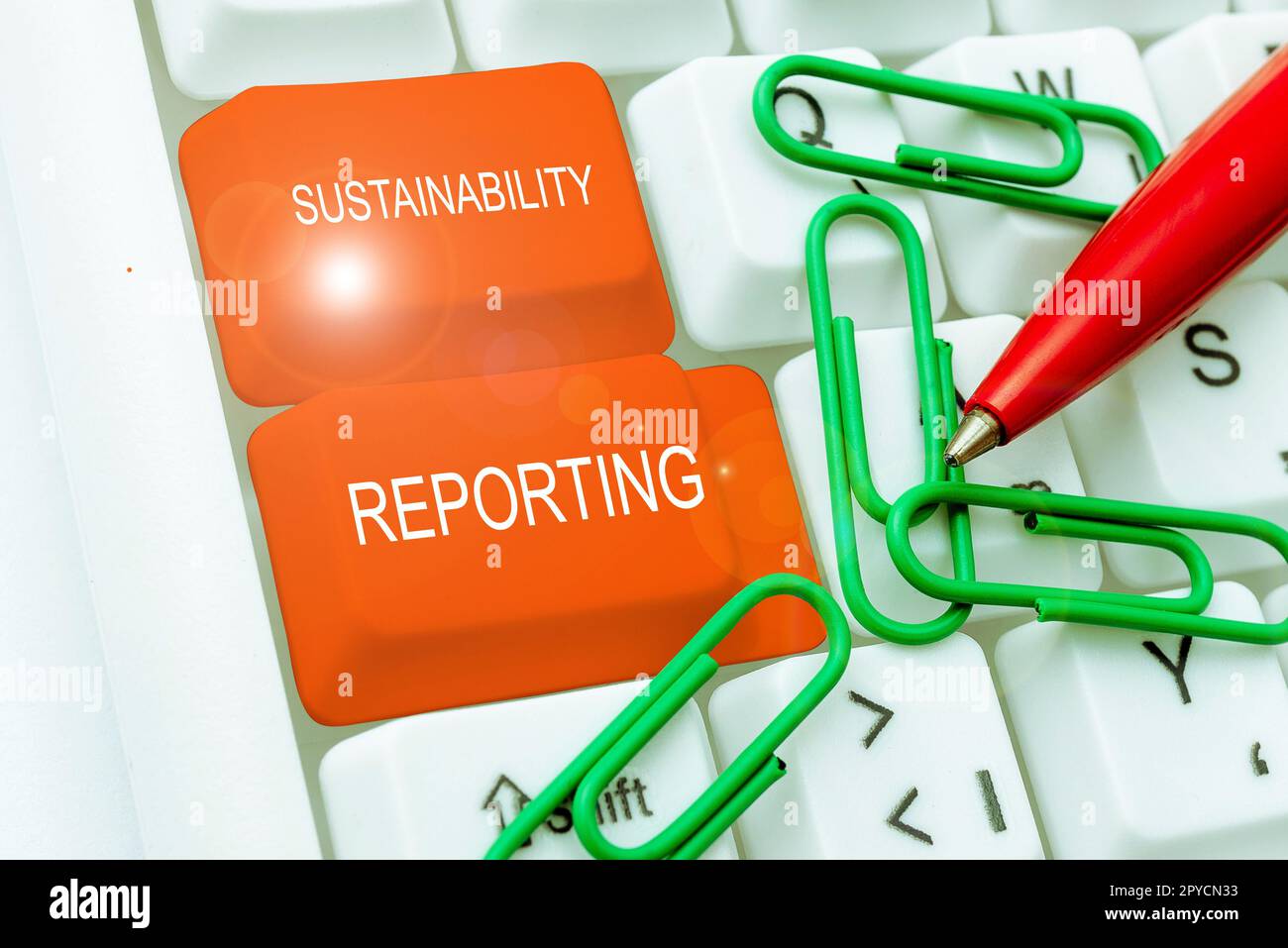 Visualizzazione concettuale Sustainability Reporting. Parola per dare informazioni prestazioni ambientali economiche Foto Stock