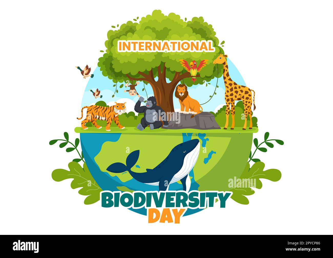 Giornata mondiale della biodiversità il 22 maggio Illustrazione con diversità biologica, Terra e animale in cartoon piano disegnata a mano per modelli di landing page Foto Stock