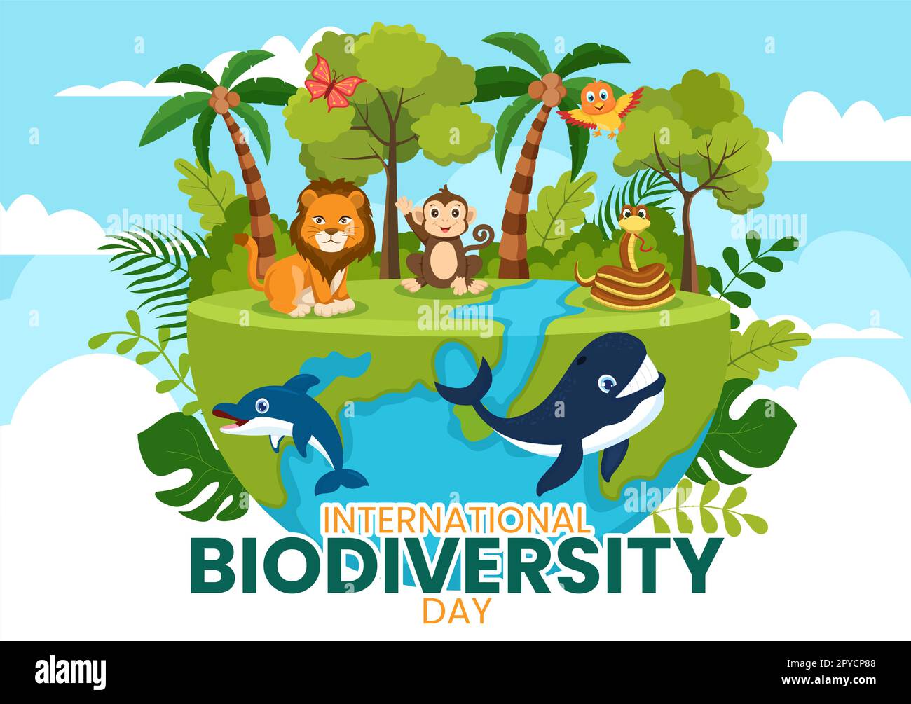 Giornata mondiale della biodiversità il 22 maggio Illustrazione con diversità biologica, Terra e animale in cartoon piano disegnata a mano per modelli di landing page Foto Stock