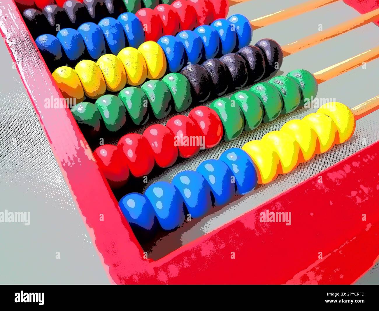 Concetto educativo - abaco con molte perle colorate. Dettagli rossi, blu, verdi, neri e gialli sull'abaco. Esercizi matematici. Programma scolastico Foto Stock