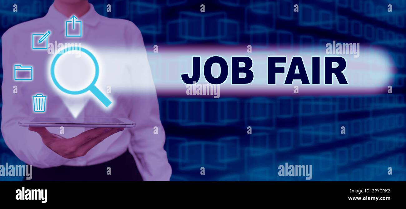 Didascalia concettuale Job Fair. Parola per un evento in cui una persona può candidarsi per un lavoro in più aziende Foto Stock