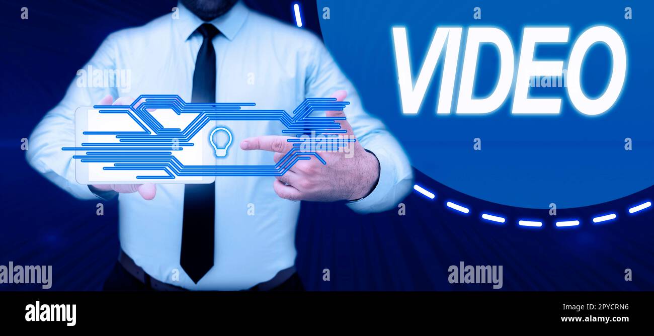Testo che mostra il video di ispirazione. Registrazione di concetti aziendali riproduzione o trasmissione di immagini visive in movimento Foto Stock