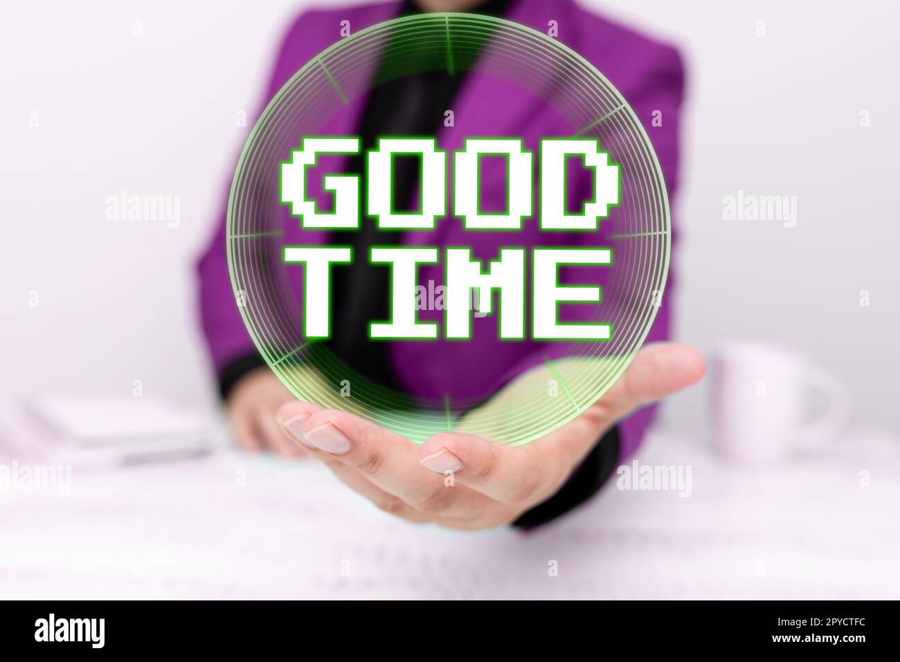 Scrittura a mano segno buon tempo. Concetto che significa il momento giusto per fare qualcosa o per qualcosa per accadere Foto Stock