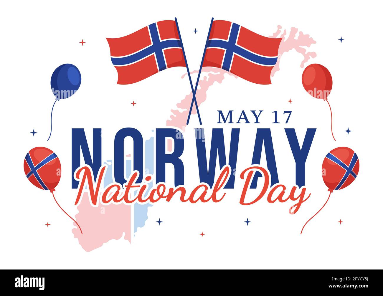 Festa nazionale della Norvegia il 17 maggio Illustrazione con bandiera norvegese e festa in cartoon piano disegnata a mano per i modelli della landing page Foto Stock