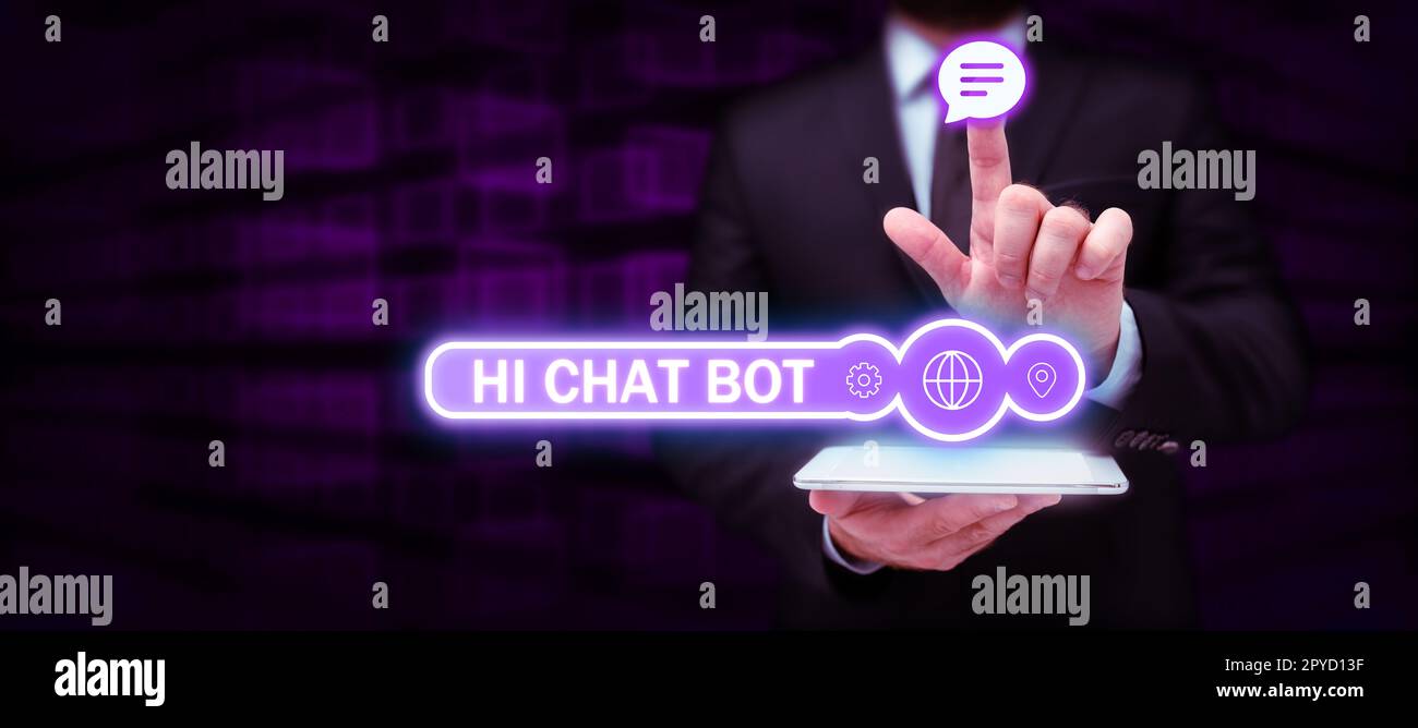 Cartello di testo con l'indicazione Ciao Chat Bot. Vetrina aziendale saluto alla macchina robotica che risponde a un messaggio inviato Foto Stock