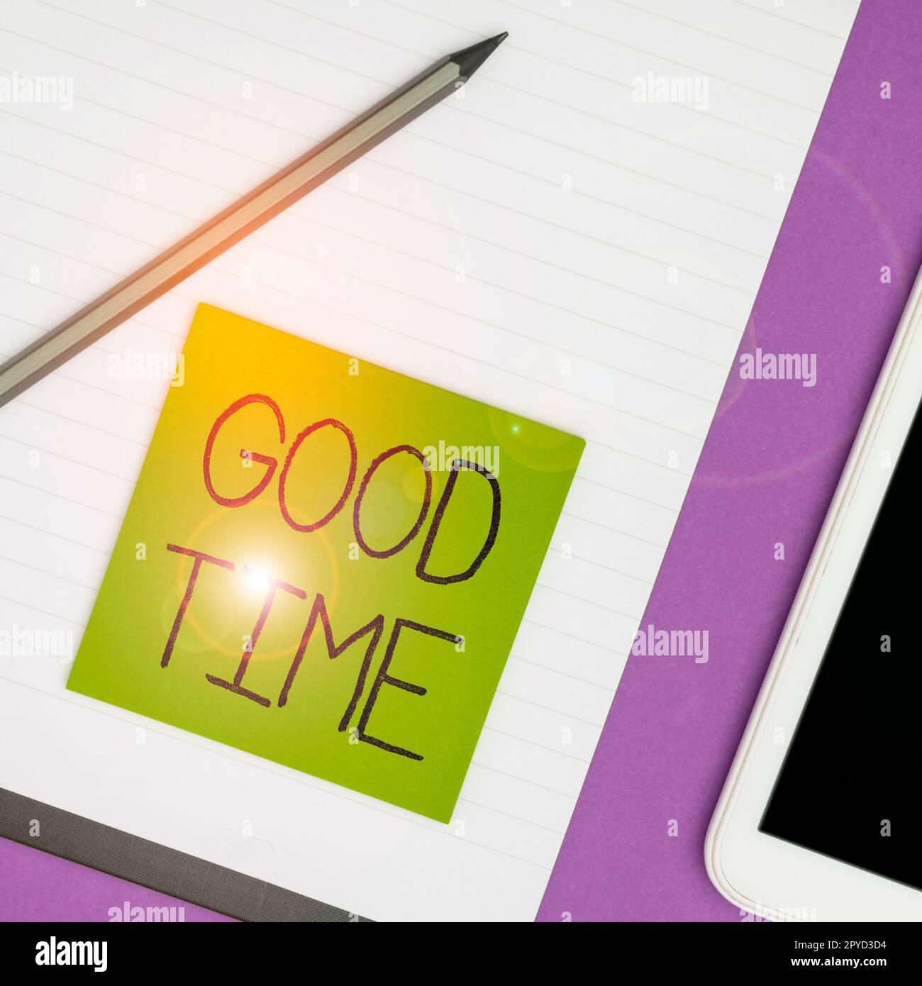 Scrittura a mano segno buon tempo. Concetto che significa il momento giusto per fare qualcosa o per qualcosa per accadere Foto Stock