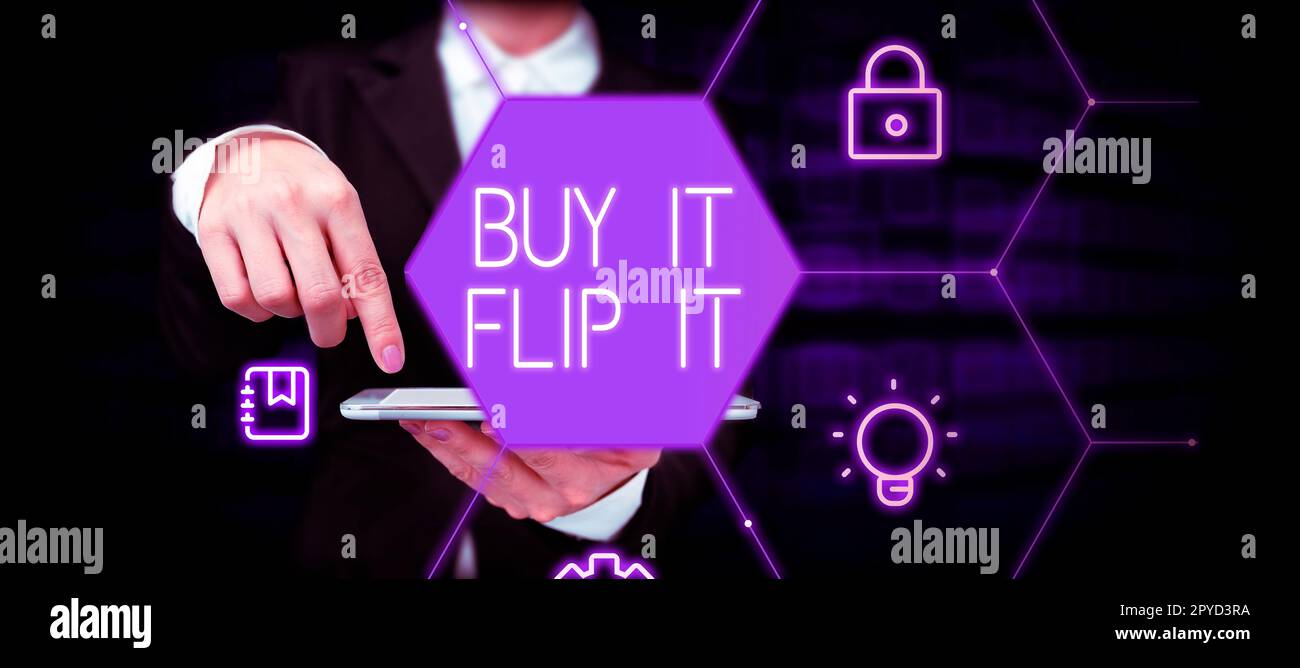 Testo scritto a mano compralo Flip it. Word for Buy qualcosa li ripara poi li vende per più profitto Foto Stock