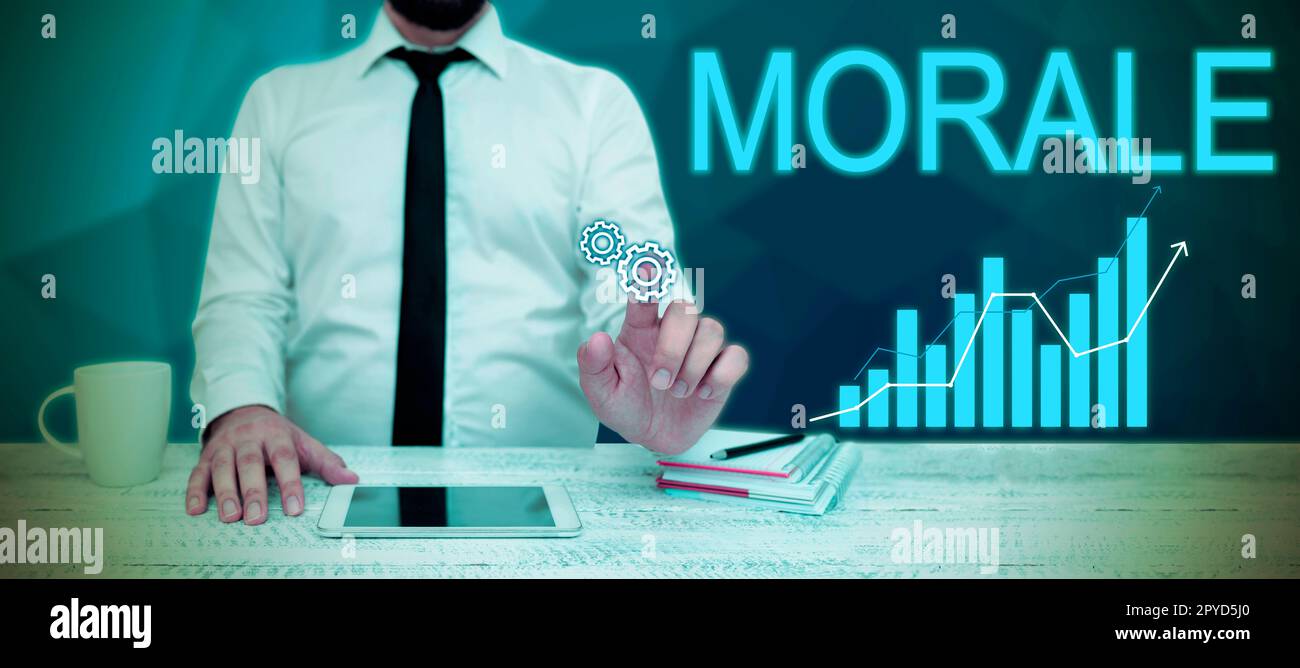 Concettuale didascalia morale. Entusiasmo di idea di affari e disciplina della persona o del gruppo in un momento particolare Foto Stock