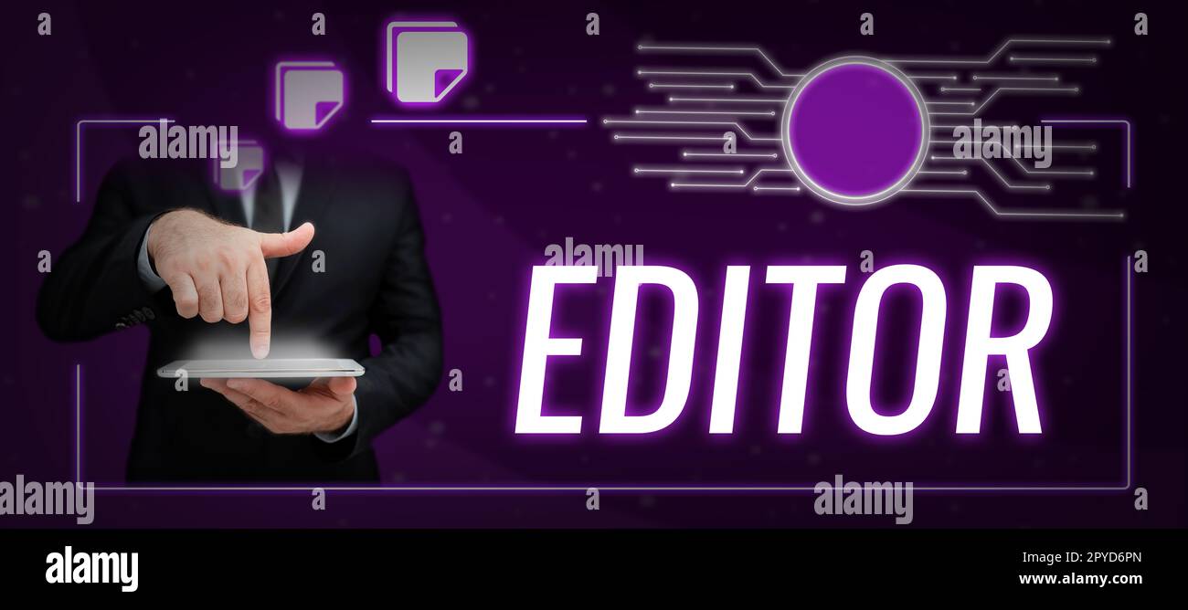 Editor di visualizzazione dei segni. Persona che si occupa della vetrina aziendale e che determina il contenuto finale di un testo Foto Stock