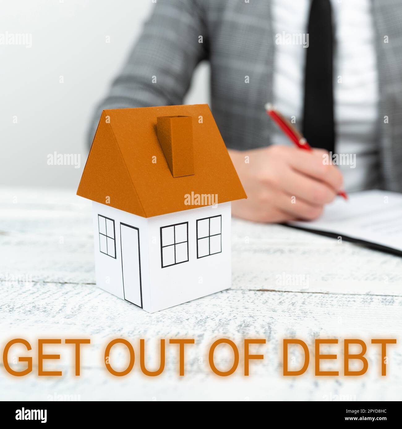 Didascalia di testo che presenta uscire dal debito. Parola per Nessuna prospettiva di essere pagato più e libero da debito Foto Stock