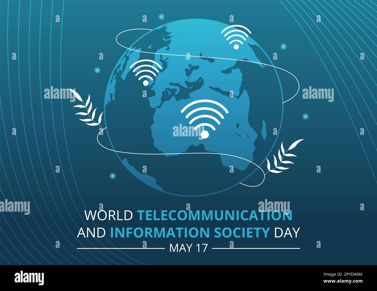 Giornata mondiale delle telecomunicazioni e della società dell'informazione il 17 maggio Illustrazione con la rete di comunicazione attraverso la Terra Globe in modelli disegnati a mano Foto Stock