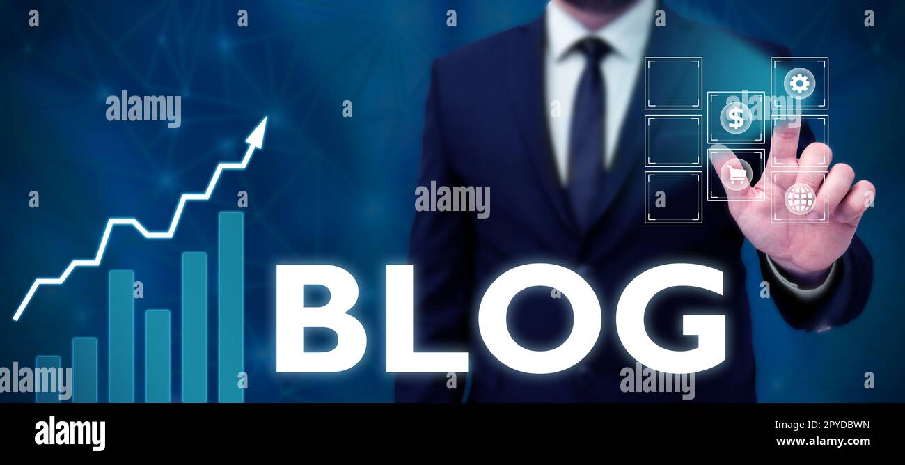 Blog di testo di scrittura a mano. Parola per Una pagina Web regolarmente aggiornata del Web site scritta in stile conversazionale Foto Stock