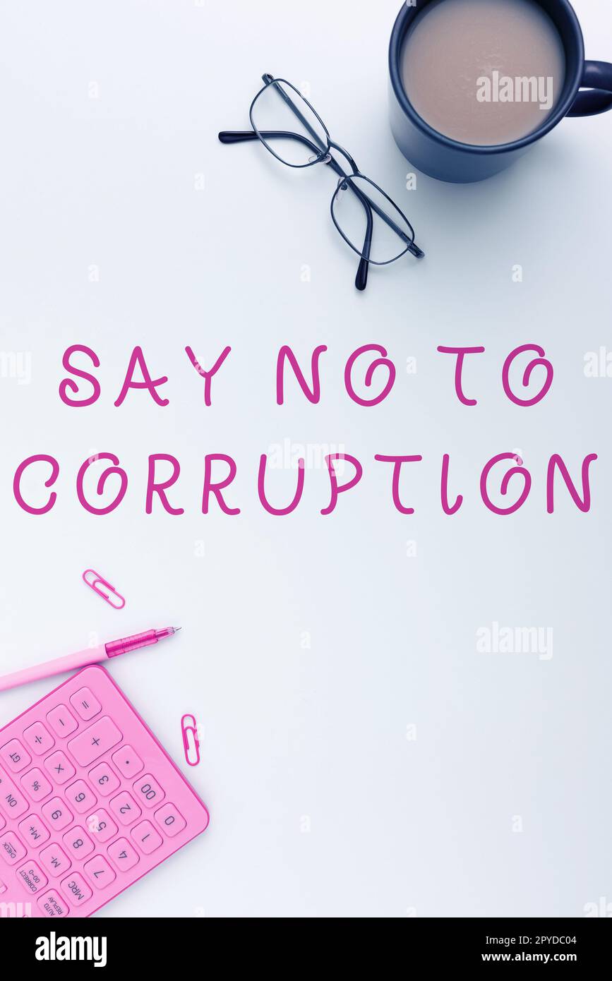 Testo scritto a mano dire No alla corruzione. Idea aziendale introdurre uno scambio di denaro decentralizzato Foto Stock