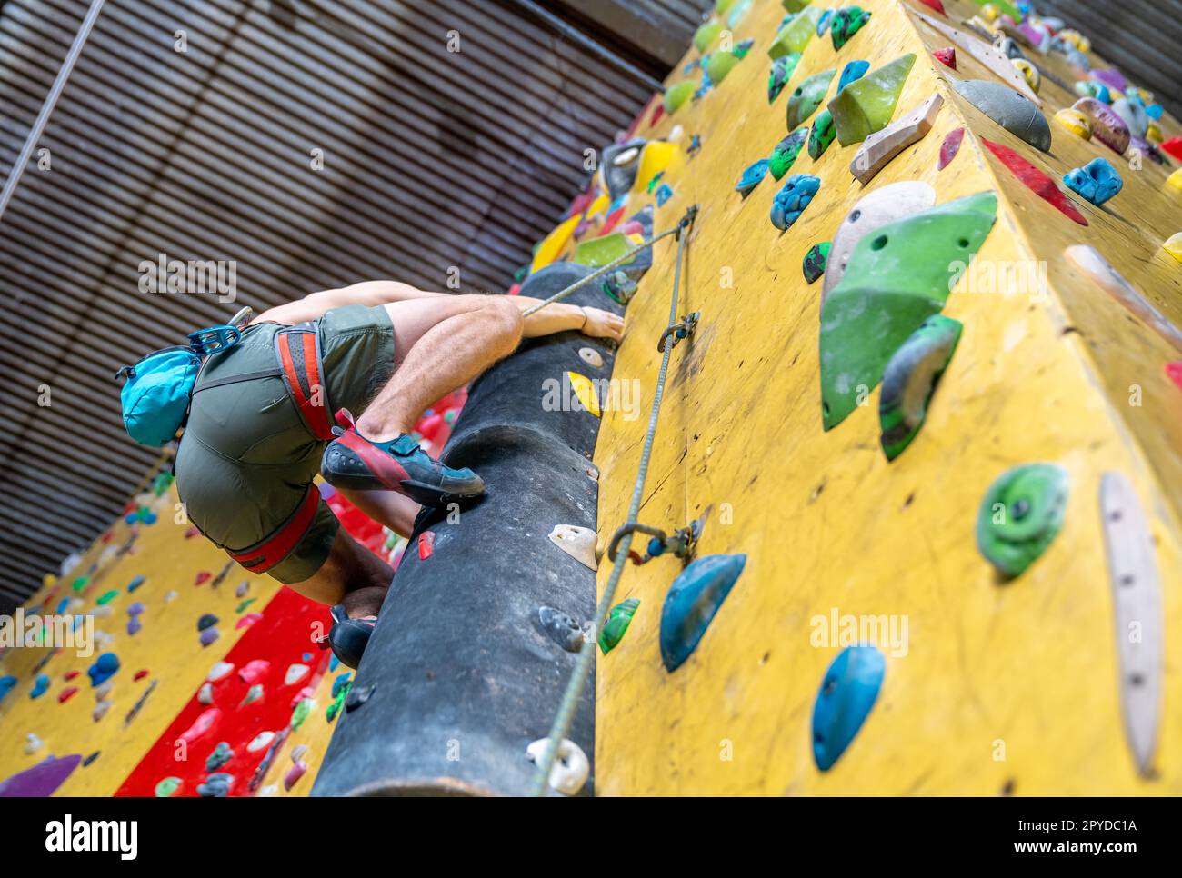 parete artificiale di arrampicata con impugnature e moschettoni all'interno Foto Stock