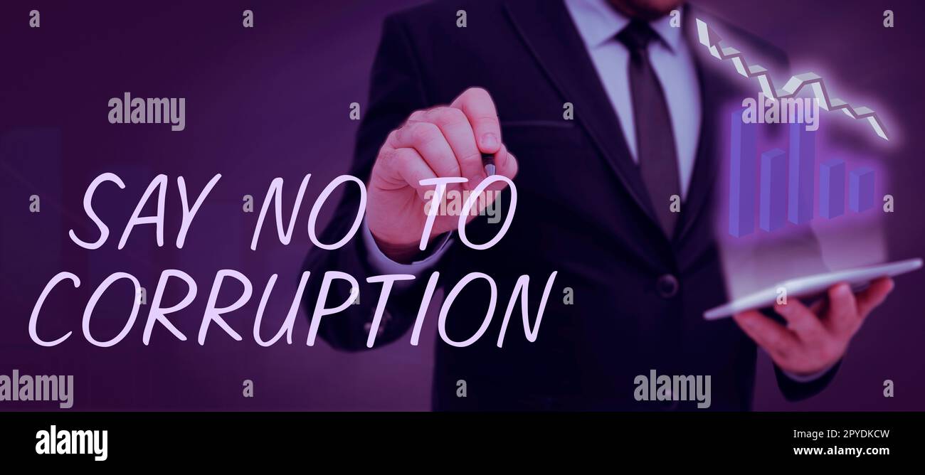 Visualizzazione concettuale dire No alla corruzione. Approccio aziendale che introduce lo scambio di denaro decentralizzato Foto Stock