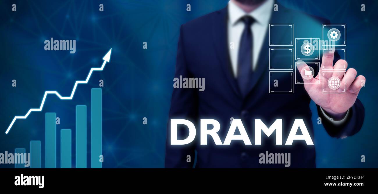 Visualizzazione concettuale Drama. Approccio aziendale Stato, situazione o serie di eventi che comportano un conflitto di forze interessante o intenso Foto Stock