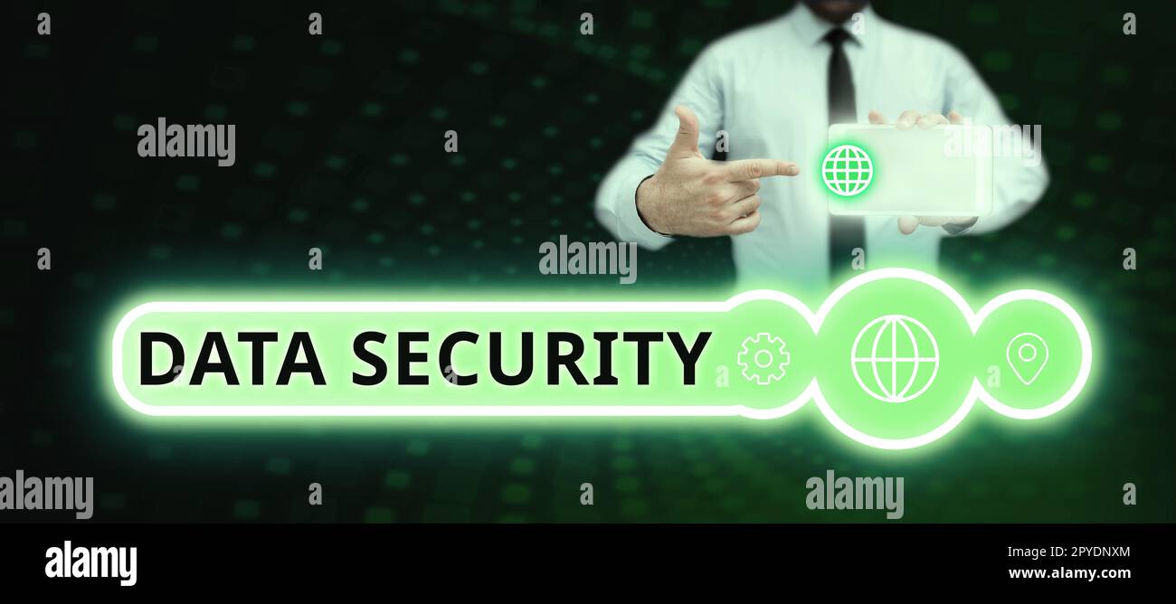 Segnale che visualizza la sicurezza dei dati. Panoramica aziendale riservatezza crittografia disco Backup protezione password Foto Stock