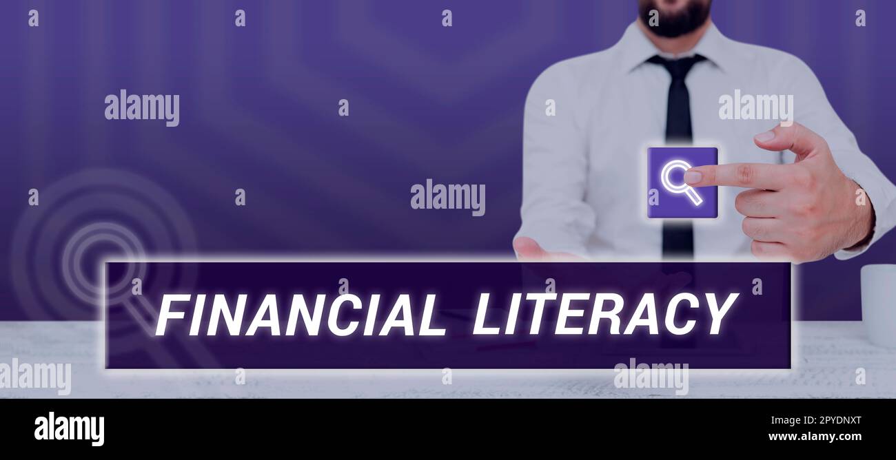 Segno che mostra l'alfabetizzazione finanziaria. Parola per capire e informato su come il denaro funziona Foto Stock