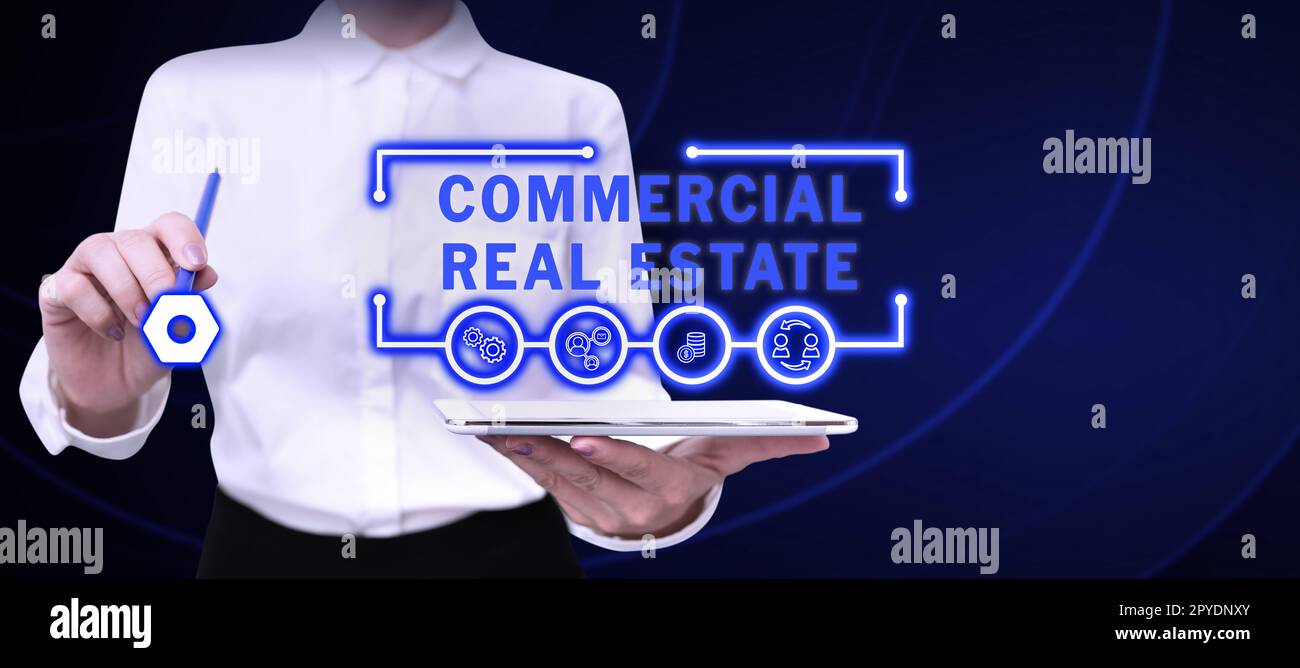 Segno che mostra bene immobile commerciale. Concettuale foto reddito costruzione di proprietà o terreno per scopi commerciali Foto Stock