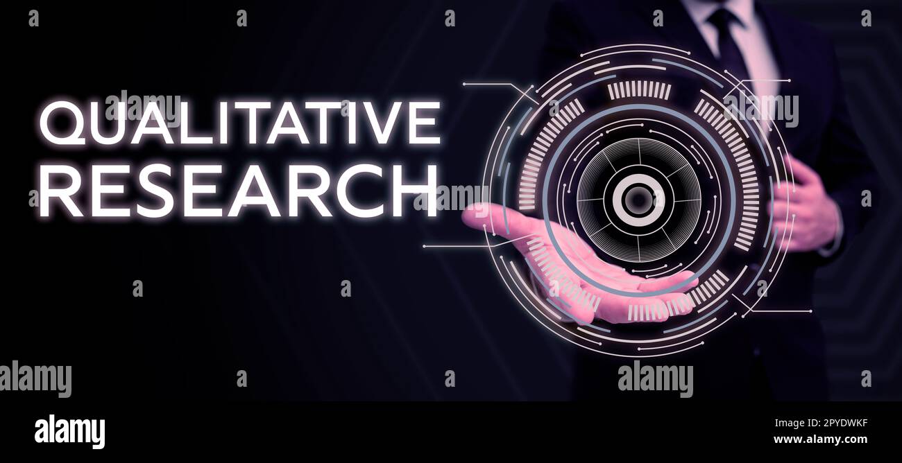 Didascalia di testo che presenta la ricerca qualitativa. Panoramica aziendale certificato per svolgere un lavoro competente con esperienza Foto Stock