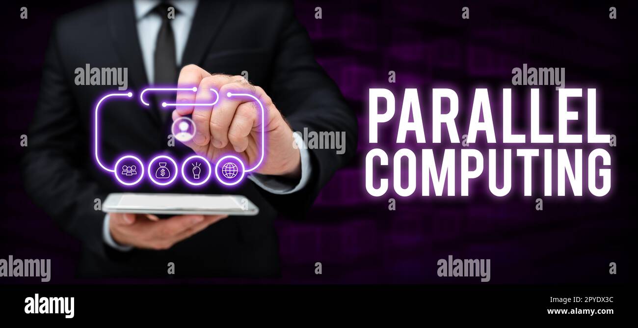 Cartello con elaborazione parallela. Parola scritta su calcolo simultaneo per mezzo di software e hardware Foto Stock