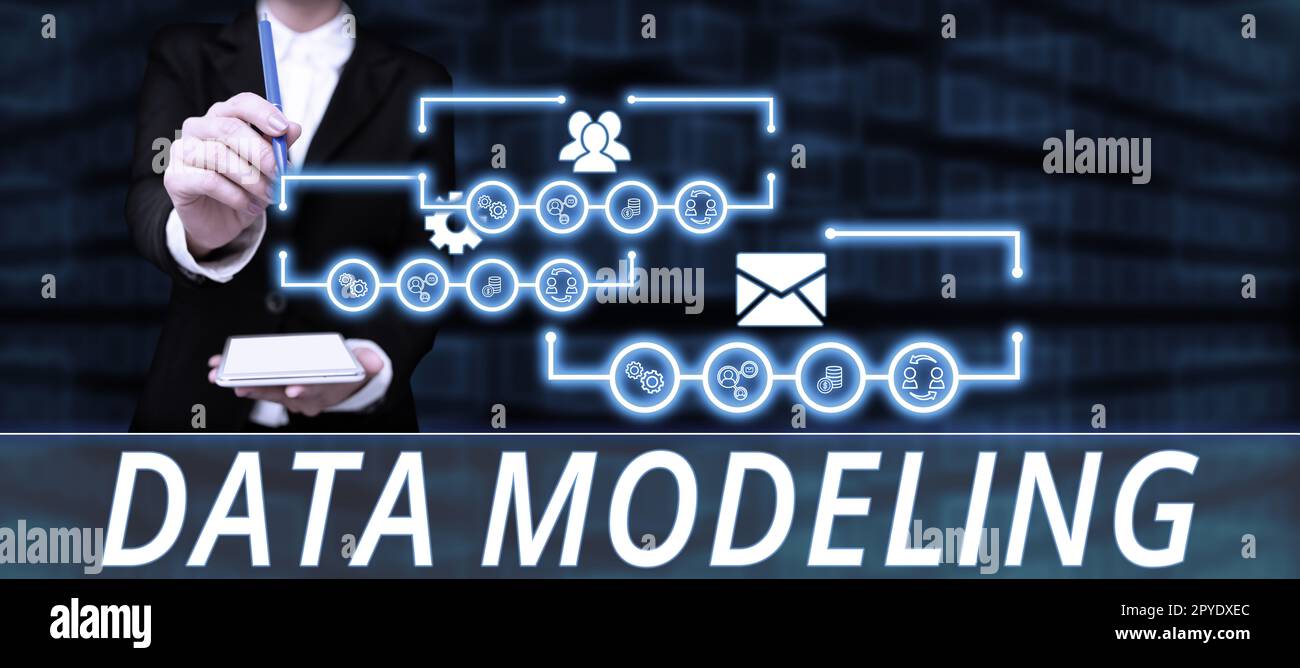 Didascalia concettuale Data Modeling. Parola per il processo di trasferimento dei dati tra sistemi di memorizzazione dati Foto Stock