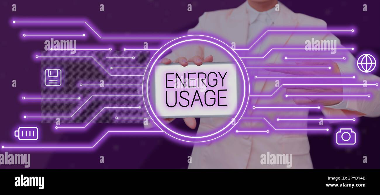 Inspirazione che mostra il segno utilizzo energia. Mostra all'azienda la quantità di energia consumata o utilizzata in un processo o in un sistema Foto Stock