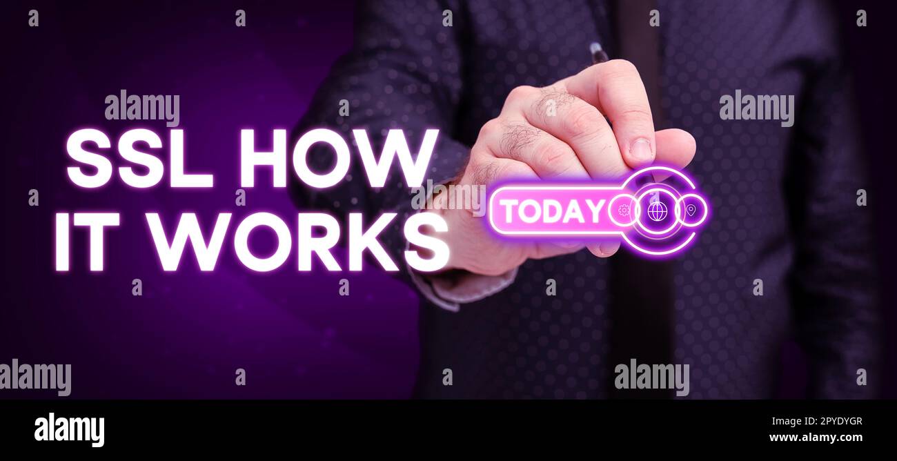 Segno che mostra SSL come funziona. La chiave di sessione Business Concept viene utilizzata per crittografare tutti i dati trasmessi Foto Stock