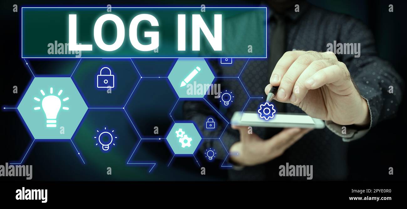 Scrittura a mano del testo Accedi. Parola per passare attraverso le procedure per iniziare l'uso di un computer o di un database Foto Stock